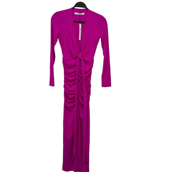 Susana Monaco Womens Small Plunge Neck Ruched Bodycon Maxi Dress Magenta NWT - Picture 2 of 16